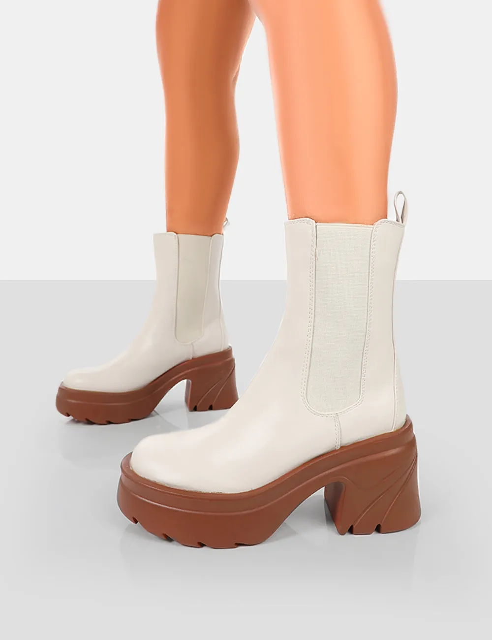Step Up Ecru Brown PU Platform Chunky Sole Heeled Ankle Boots sold by Public Desire product image thumbnail 3