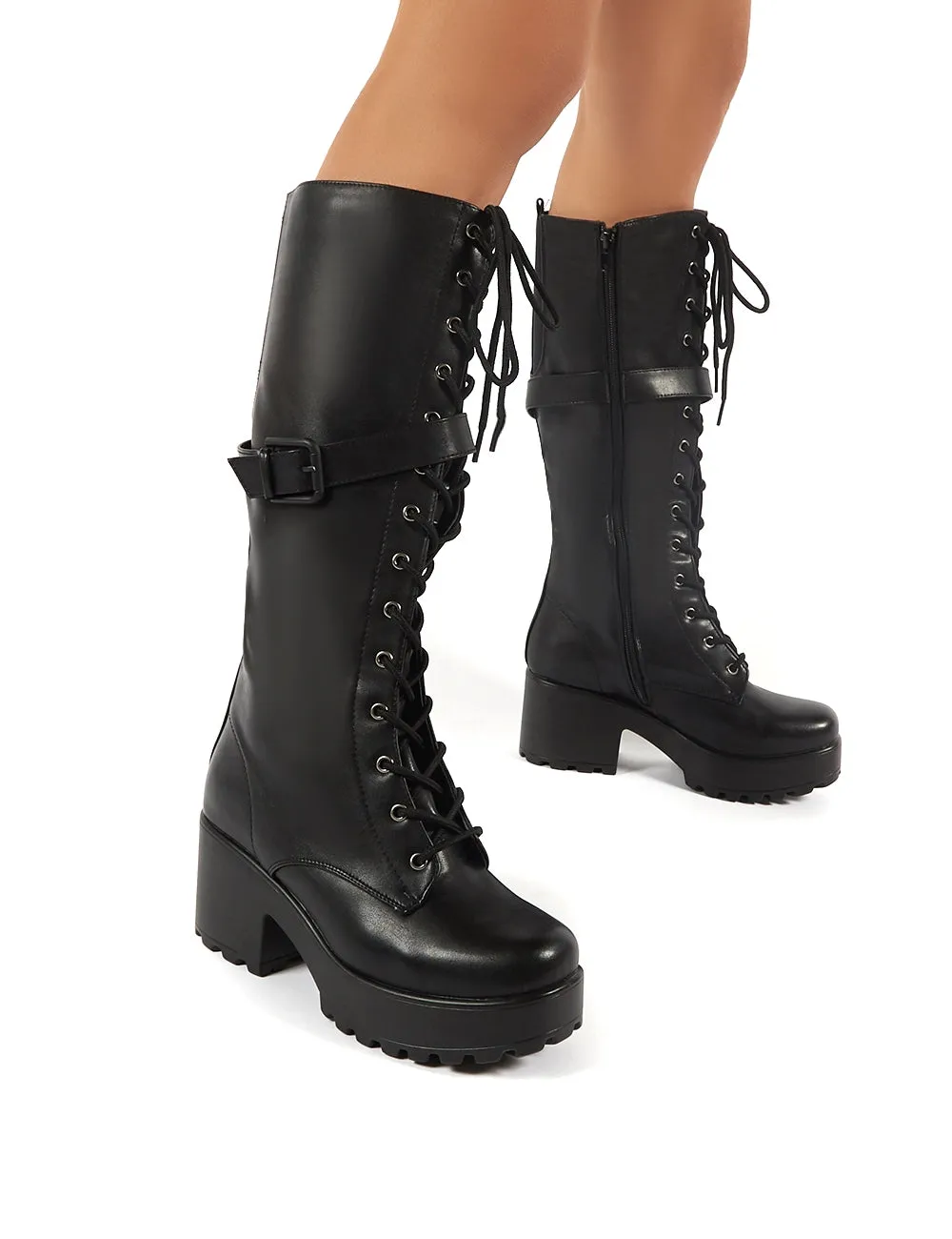 Melody Black Lace Up Chunky Heeled Knee High Boots sold by Public Desire product image thumbnail 2