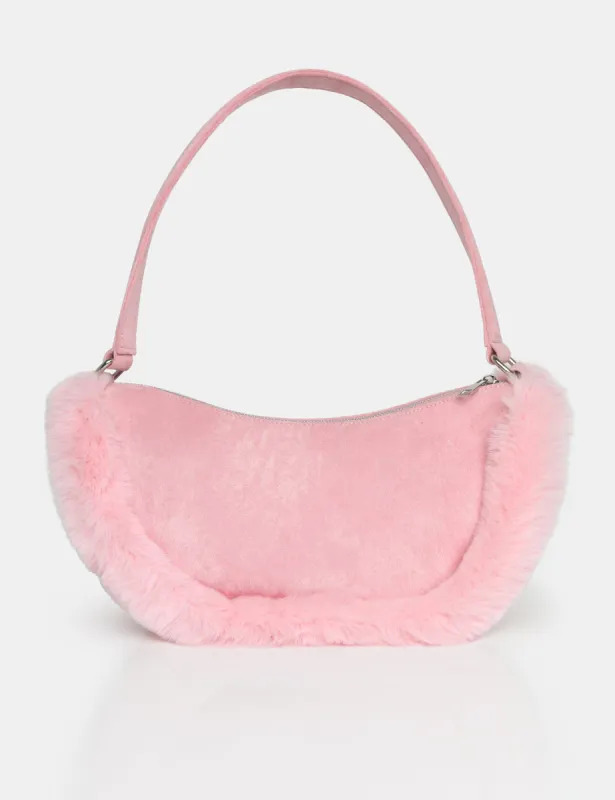 The Kinley Pink Suede Faux Fur Shoulder Bag sold by Public Desire