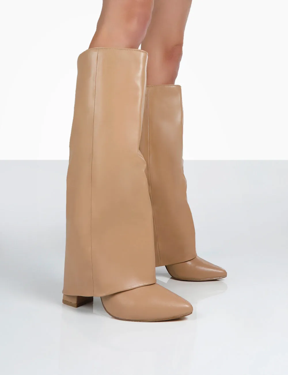 Zendaya Nude Pointed Toe Knee High Block Boots sold by Public Desire