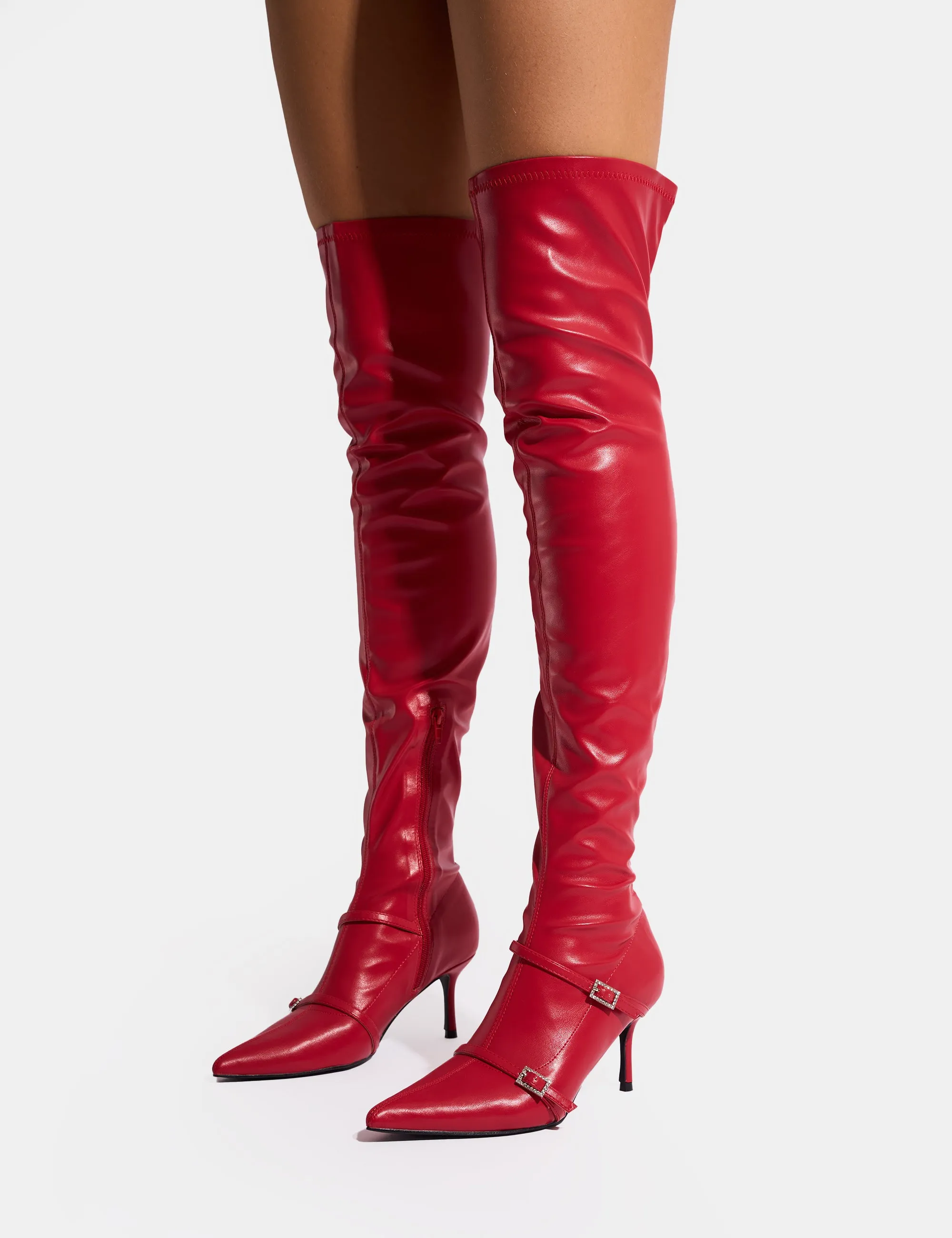 Roulette Red Pointed Toe Diamante Buckle Mid Heel Over The Knee Sock Boots sold by Public Desire product image thumbnail 2