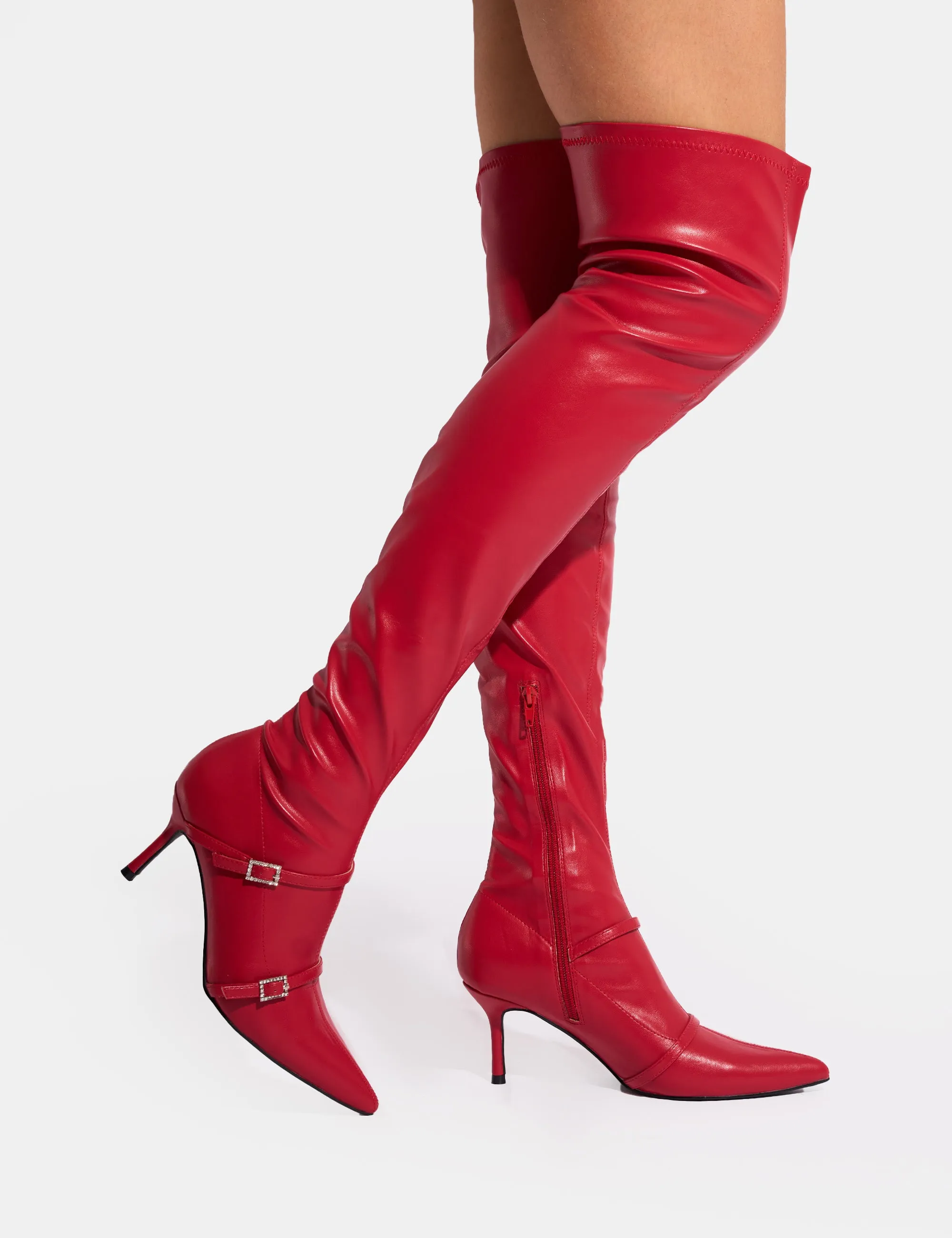 Roulette Red Pointed Toe Diamante Buckle Mid Heel Over The Knee Sock Boots sold by Public Desire