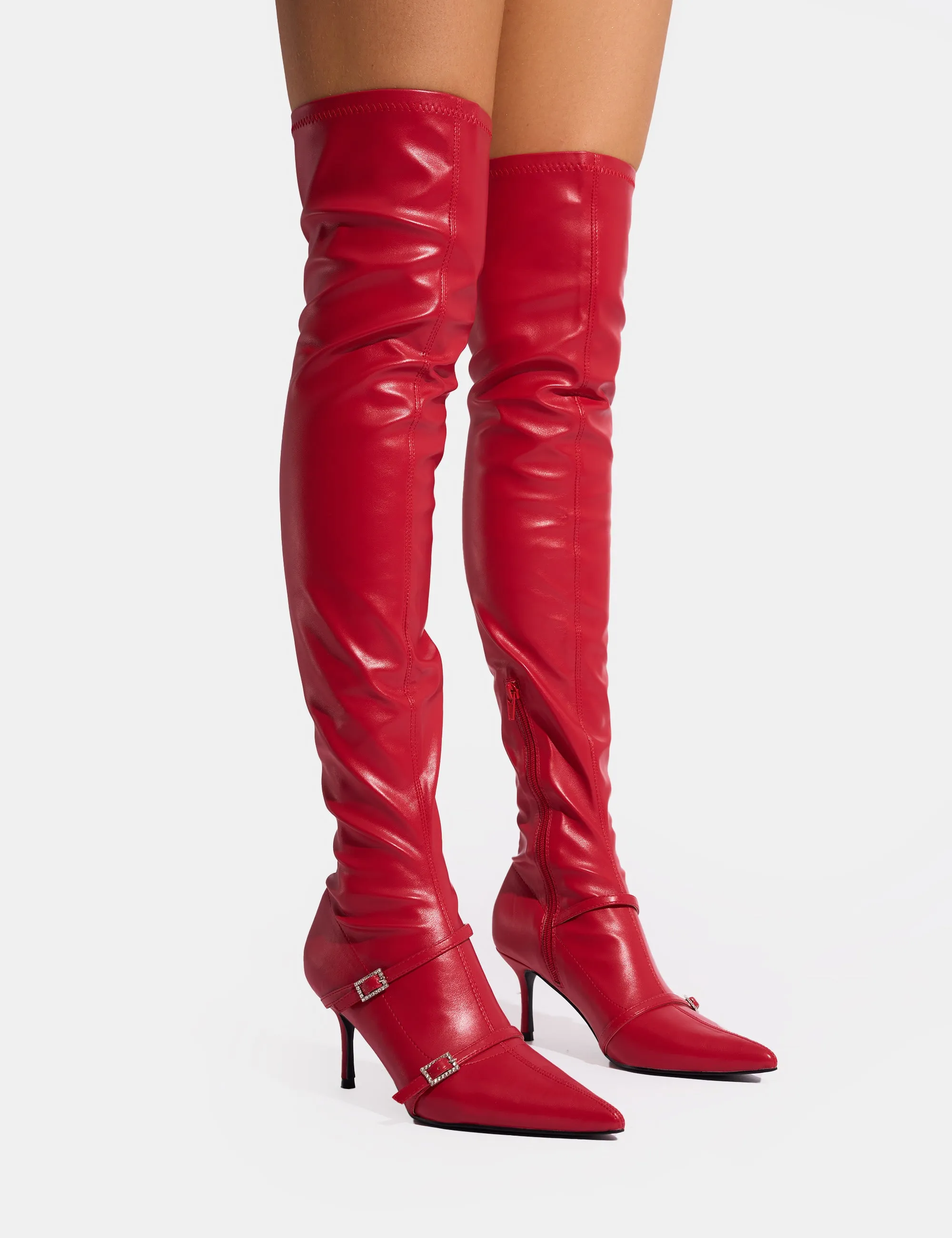 Roulette Red Pointed Toe Diamante Buckle Mid Heel Over The Knee Sock Boots sold by Public Desire product image thumbnail 4
