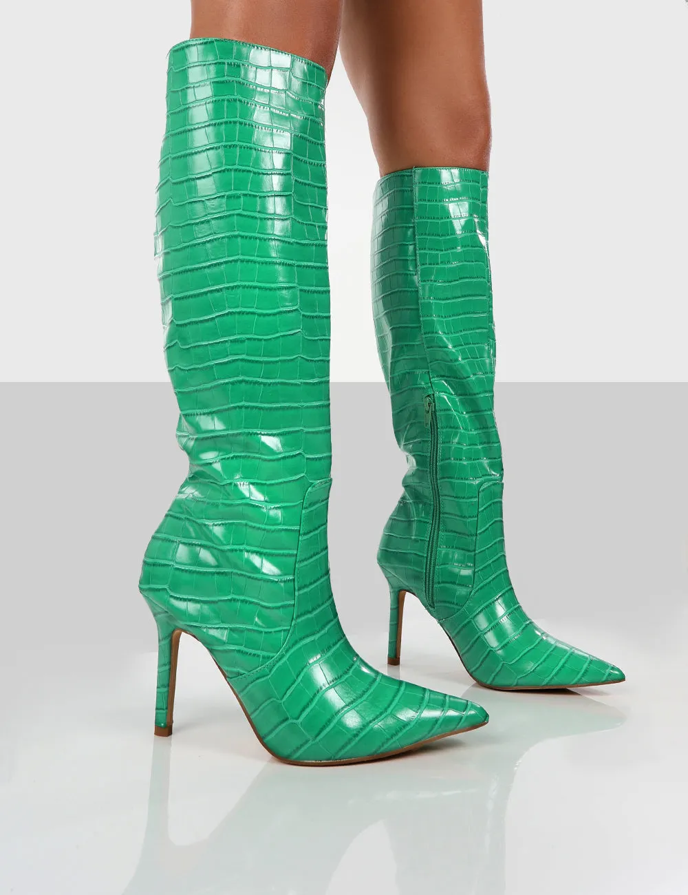 Rosalie Green Croc Heeled Pointed Toe Knee High Boots sold by Public Desire