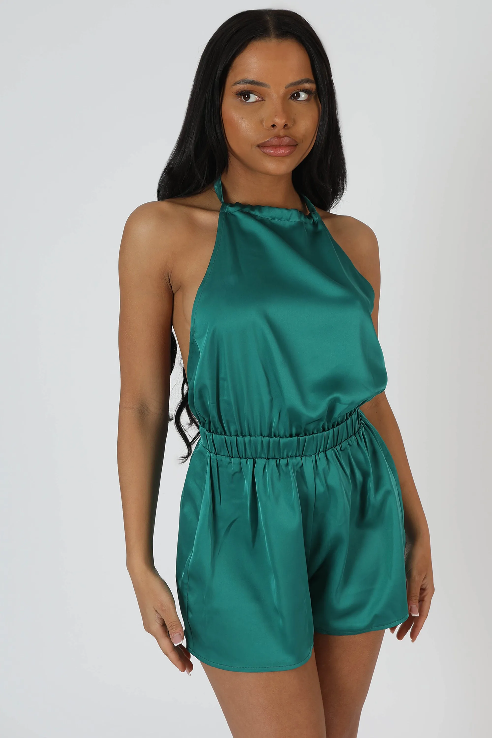 Halterneck Satin Playsuit Emerald sold by Public Desire