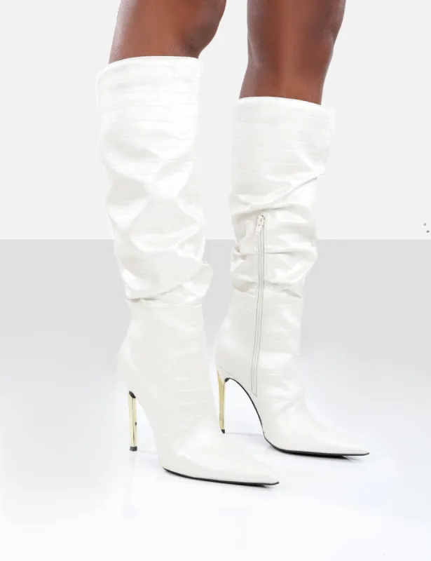 Monica Ecru Croc PU Pointed Toe Knee High Boots sold by Public Desire