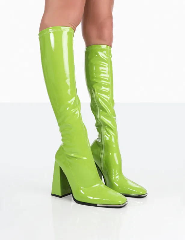 Caryn Lime Patent Knee High Block Heeled Boots sold by Public Desire
