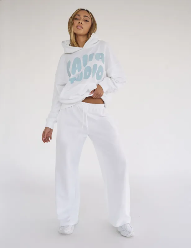 Kaiia Studio Bubble Logo Pocket Wide Leg Sweat Pants White & Blue sold by Public Desire