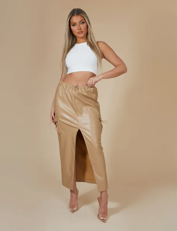 Faux Leather Pocket Detail Cargo Maxi Skirt Camel sold by Public Desire