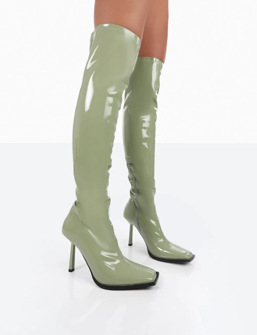 Jenine Green Patent Over The Knee Stiletto Heeled Boots sold by Public Desire