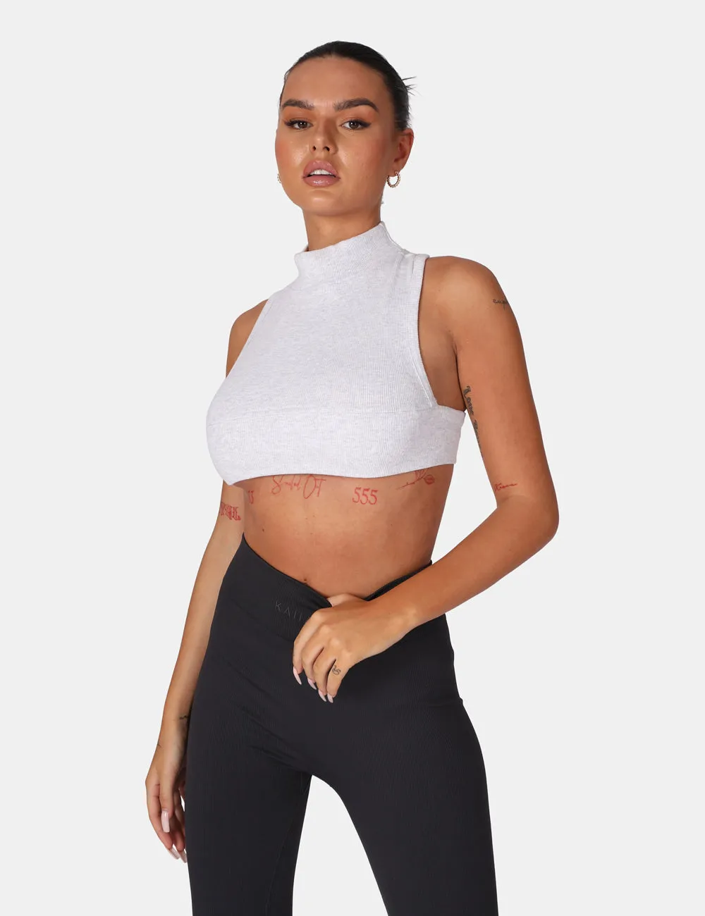 High Neck Racer Low Side Rib Crop Top Oatmeal Marl sold by Public Desire