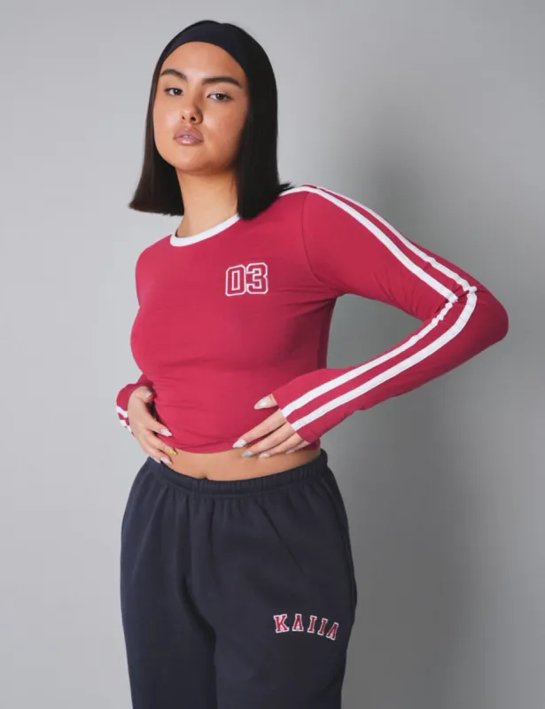 Kaiia Sporty Long Sleeve Tee with Contrast Binding in Red and White sold by Public Desire