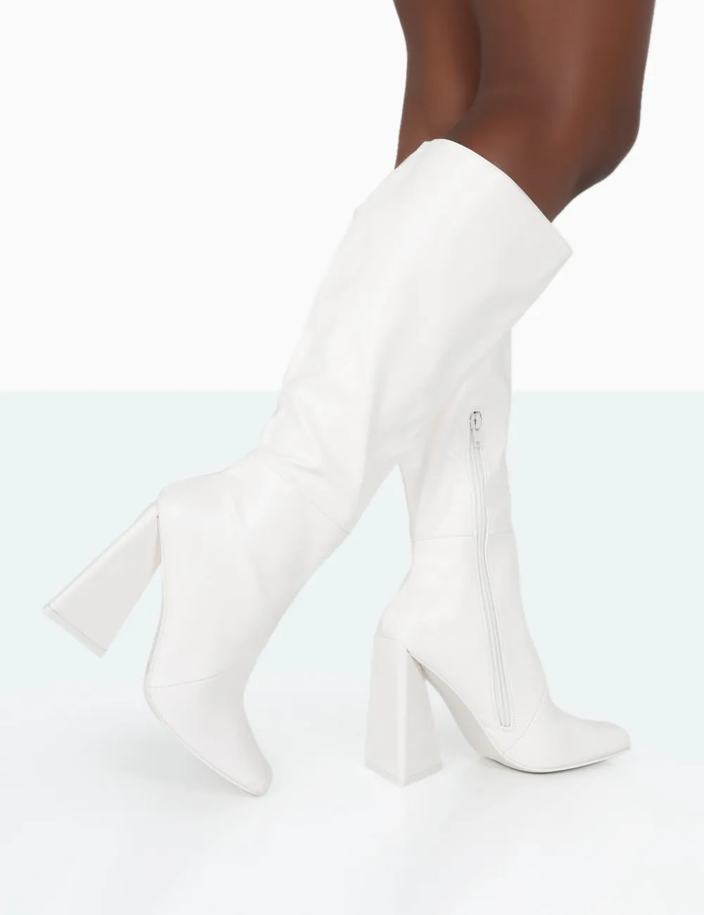 Senna Wide Fit Ecru PU Knee High Heeled Boots sold by Public Desire product image thumbnail 3