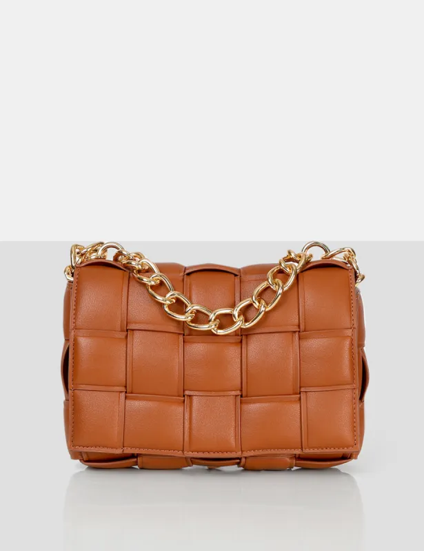 The Brodie Tan Premium Woven Shoulder Bag sold by Public Desire