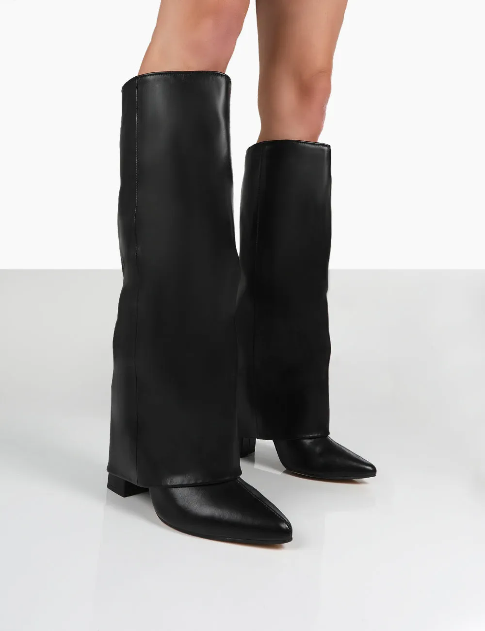 Zendaya Black Pointed Toe Knee High Block Boots sold by Public Desire