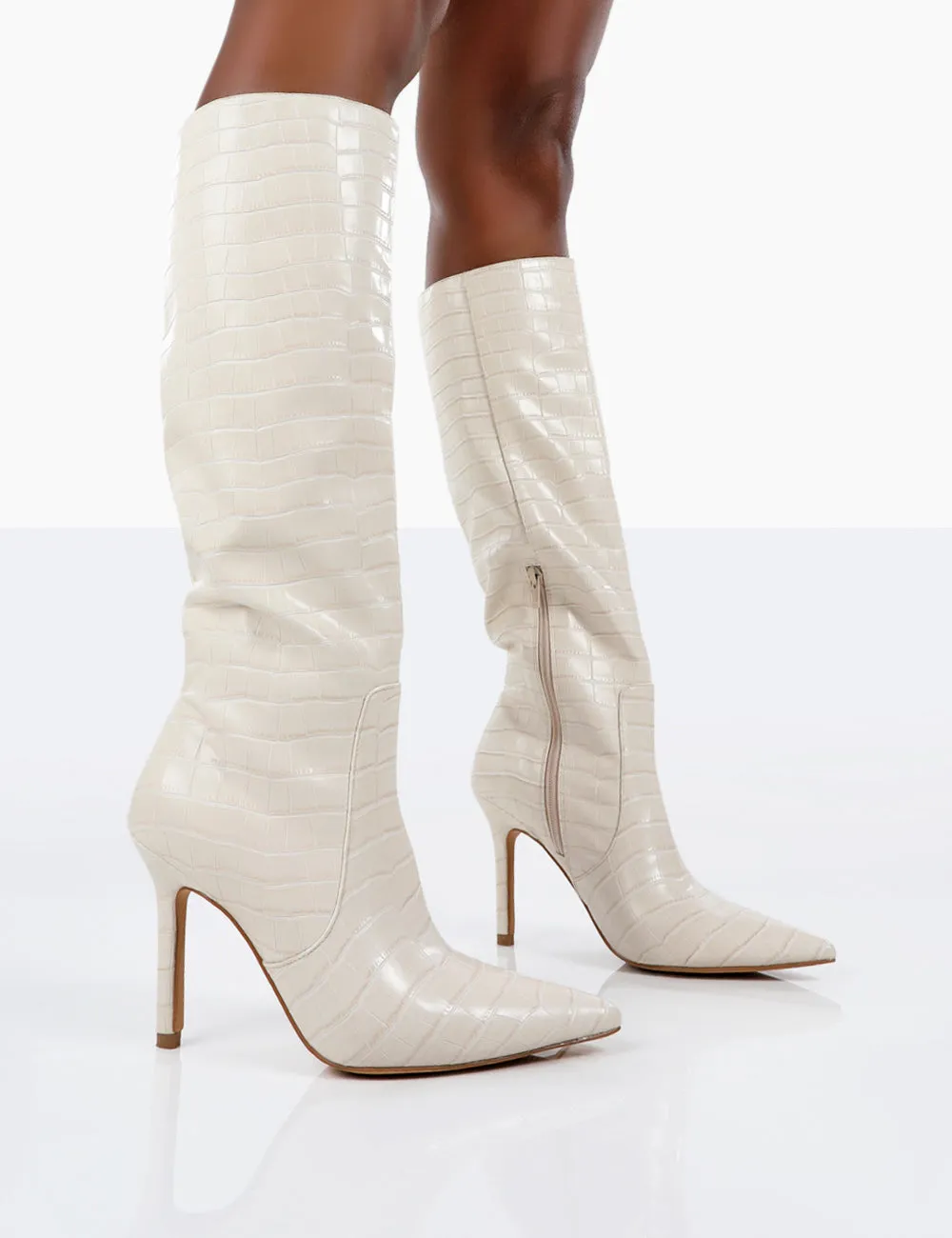 Kenza X Public Desire Rosalie Cream Croc Heeled Knee High Boots sold by Public Desire