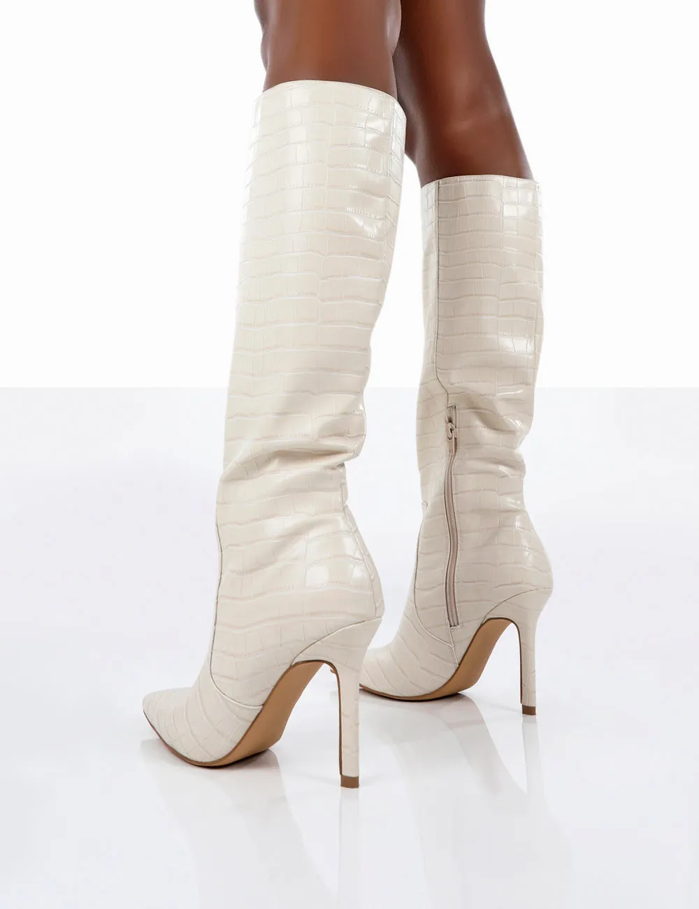 Kenza X Public Desire Rosalie Cream Croc Heeled Knee High Boots sold by Public Desire product image thumbnail 2