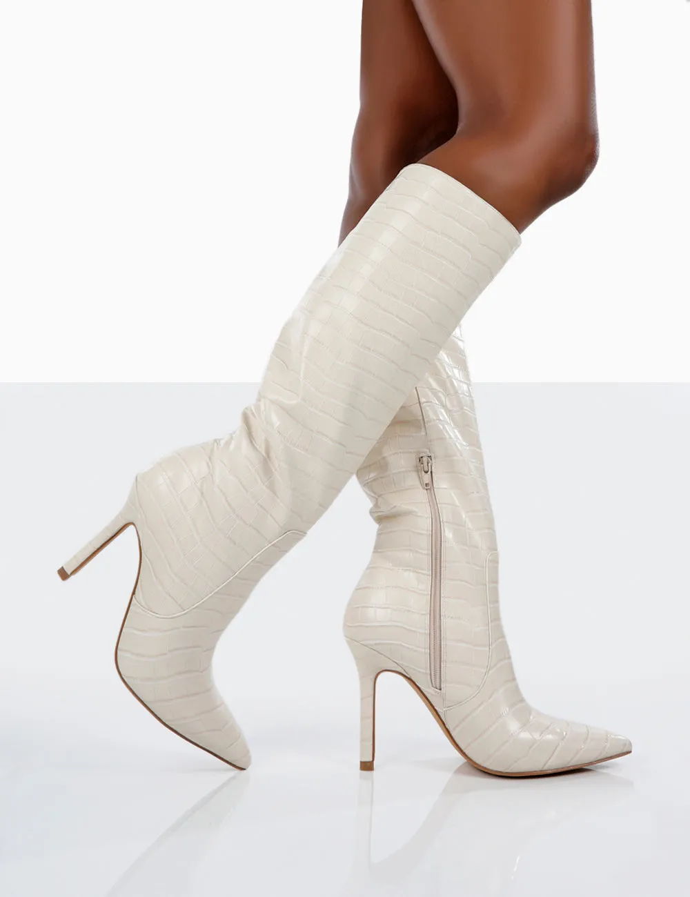 Kenza X Public Desire Rosalie Cream Croc Heeled Knee High Boots sold by Public Desire product image thumbnail 3