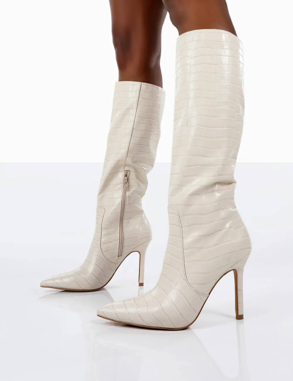 Kenza X Public Desire Rosalie Cream Croc Heeled Knee High Boots sold by Public Desire product image thumbnail 4