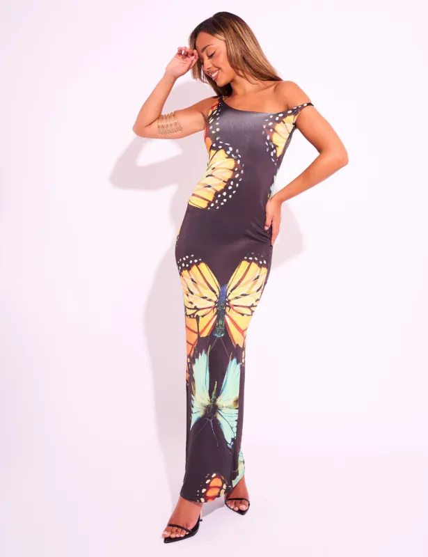 Kaiia Slinky Twist Off Shoulder Butterfly Print Maxi Dress Black sold by Public Desire