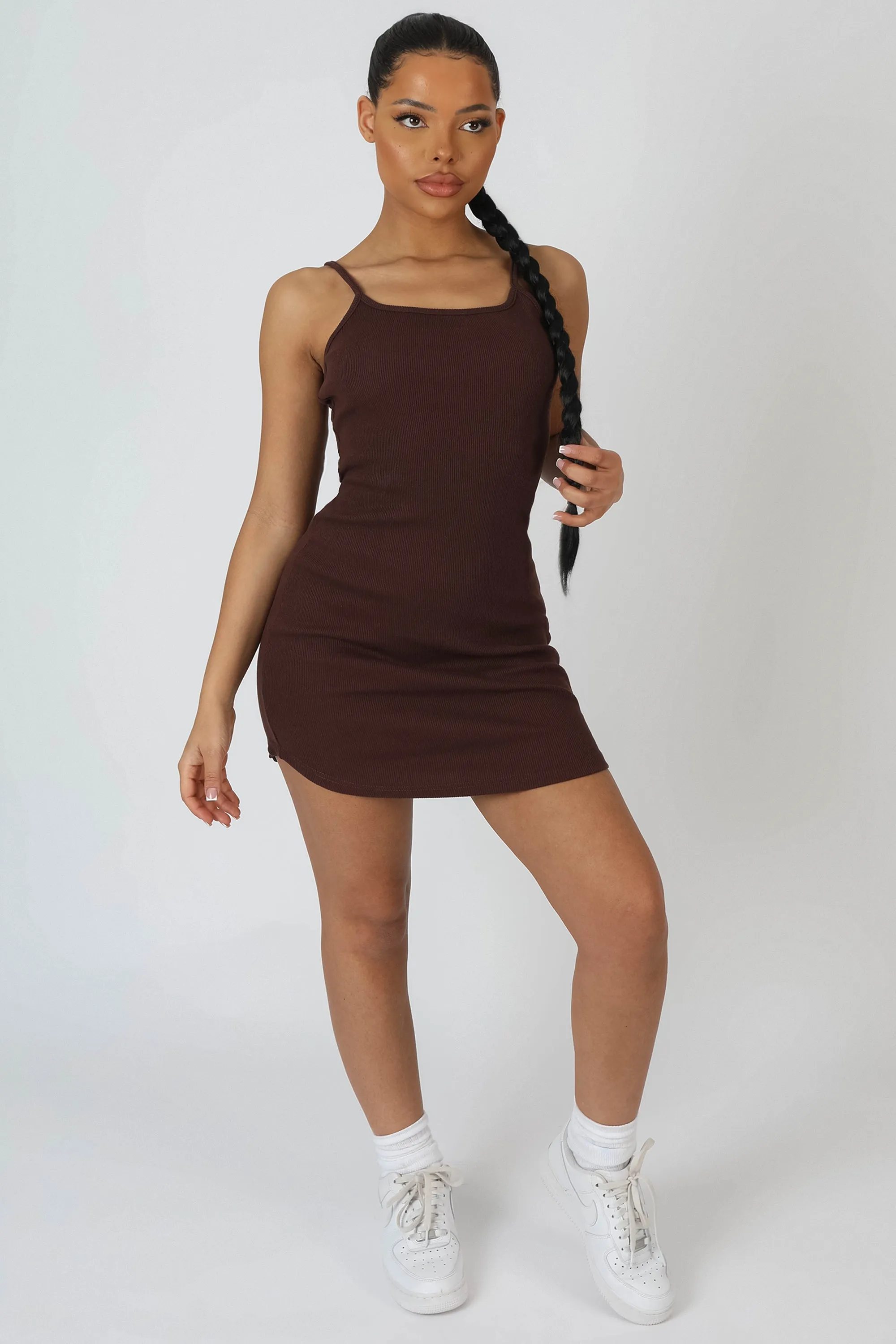 Strappy Mini Curved Hem Dress Coffee sold by Public Desire