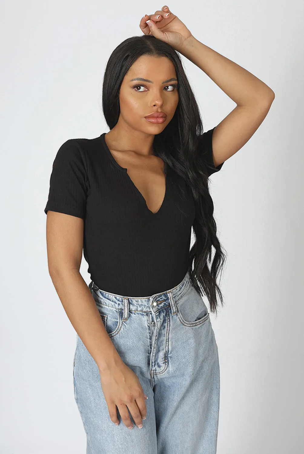 Knotch Front Short Sleeve Ribbed Bodysuit Black sold by Public Desire product image thumbnail 2