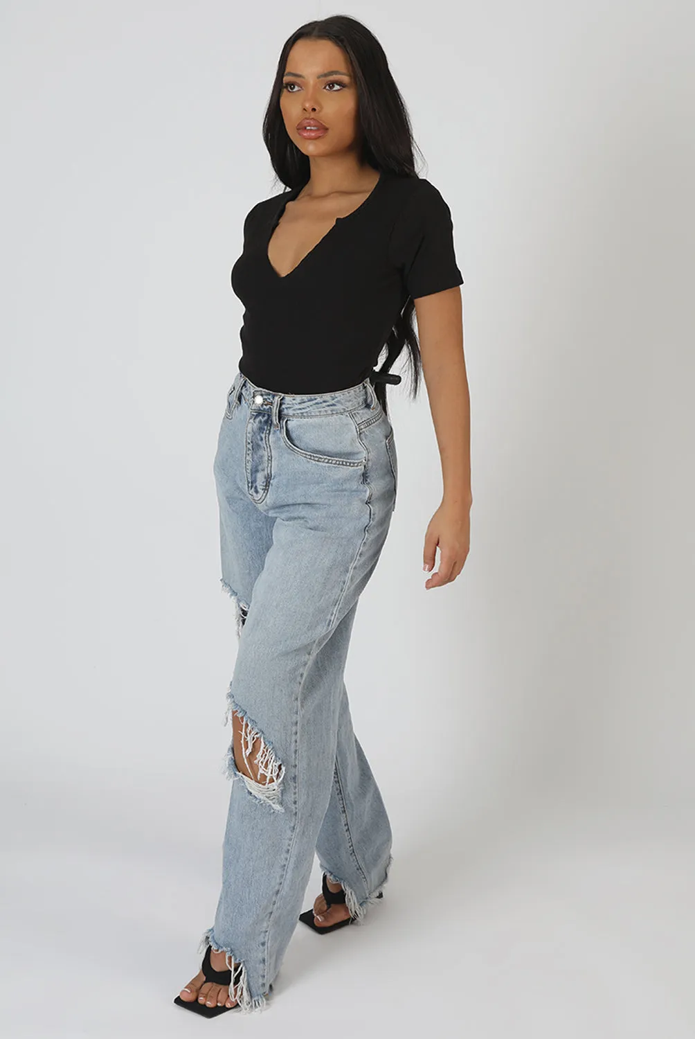 Knotch Front Short Sleeve Ribbed Bodysuit Black sold by Public Desire product image thumbnail 3