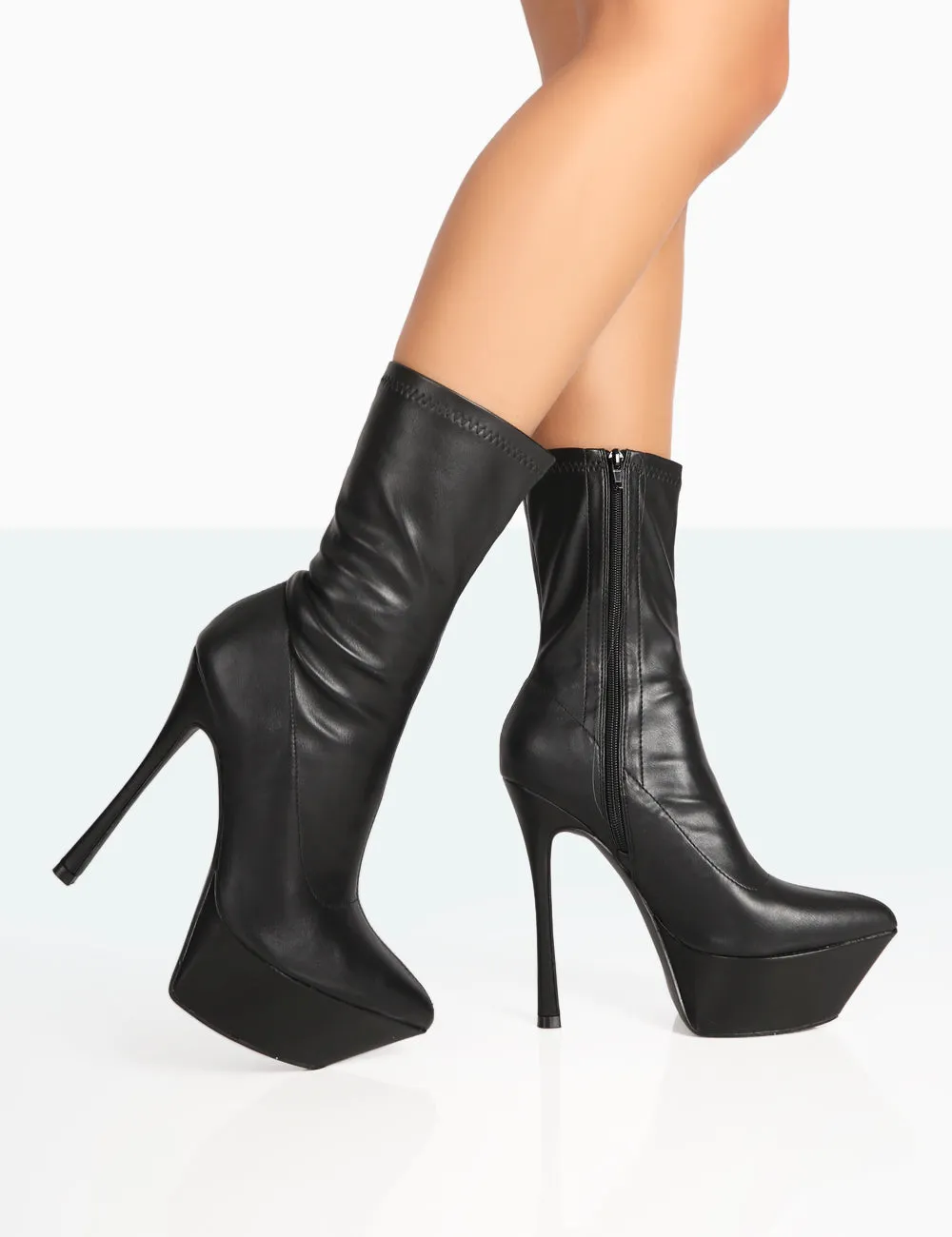 Vegas Black Grain Pointed Stiletto Platform Heeled Ankle Boots sold by Public Desire