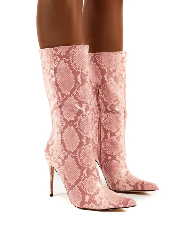 Mystic Pink Snake Knee High Stiletto Heel Boots sold by Public Desire