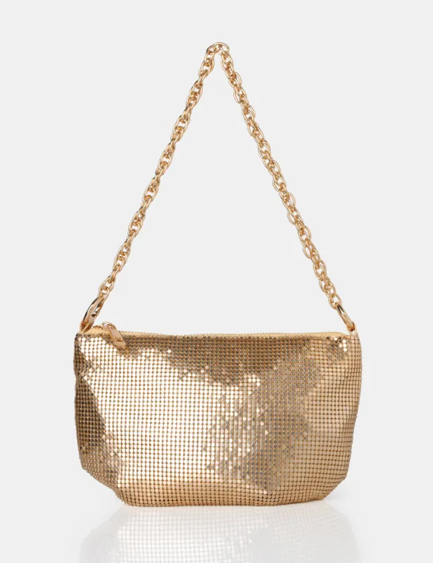 The Slouch Gold Diamante Chainmail Baguette Chain Detail Shoulder Bag sold by Public Desire