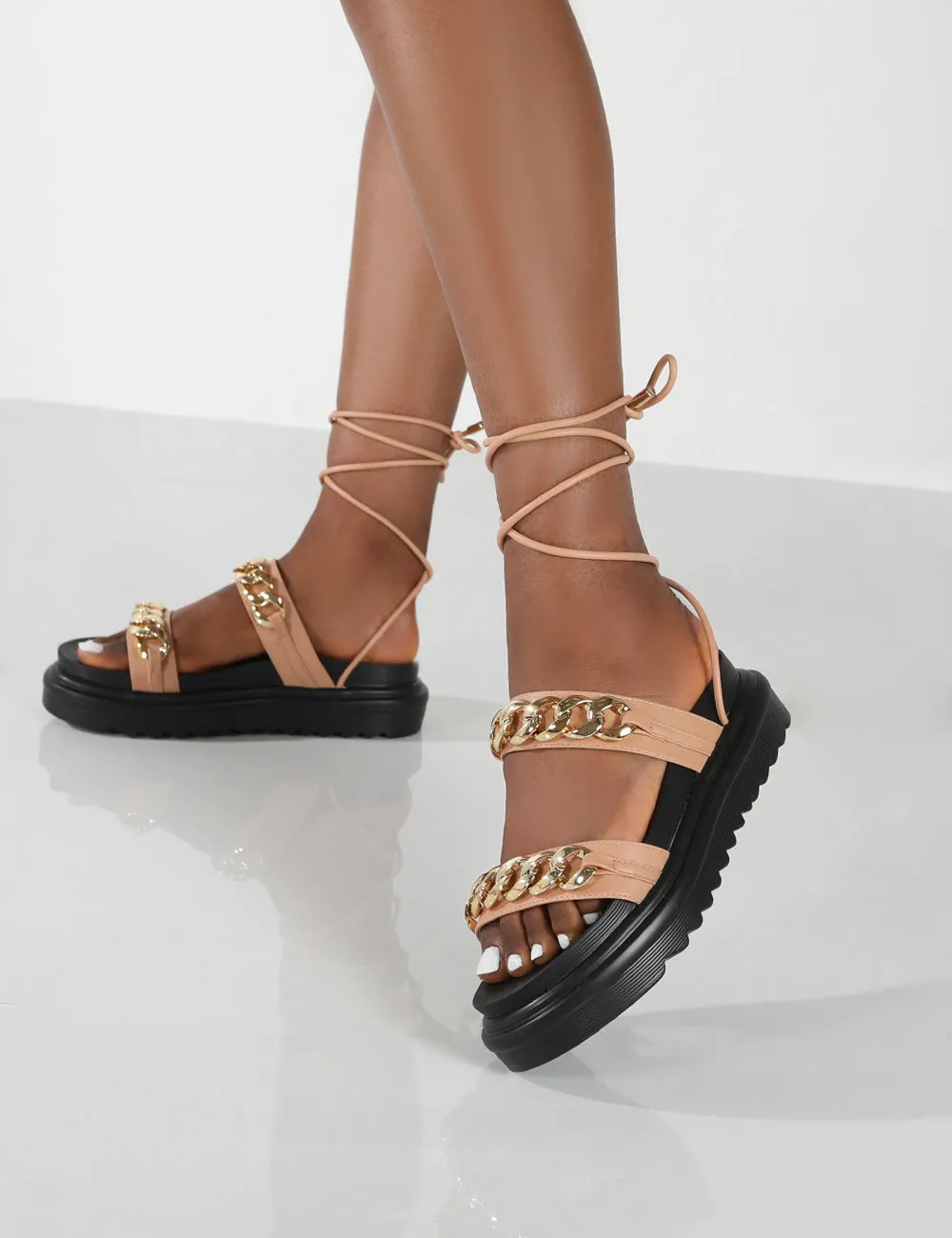 Dizzi Nude PU Chunky Chain Detail Lace Up Sandals sold by Public Desire product image thumbnail 3