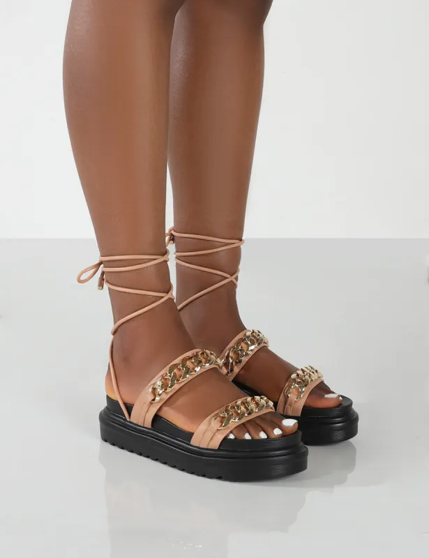 Dizzi Nude PU Chunky Chain Detail Lace Up Sandals sold by Public Desire