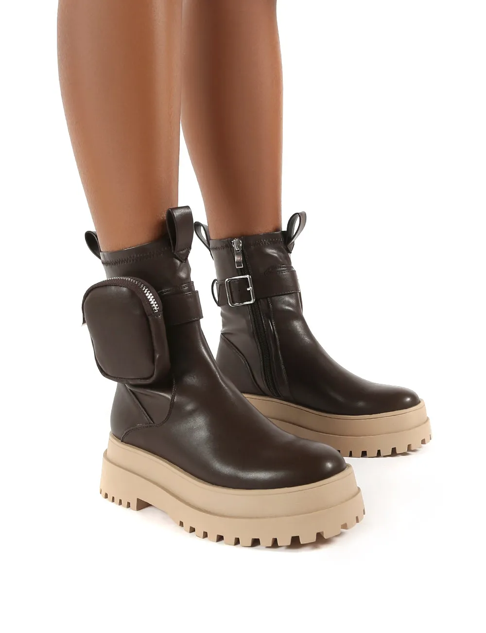 Thought Chocolate Pu Pocket Chunky Sole Ankle Boot sold by Public Desire
