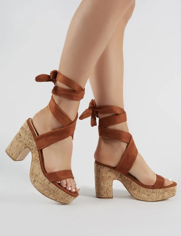 Naive Cork Platform Block Heels in Tan Faux Suede sold by Public Desire