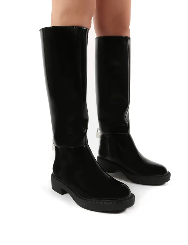 Alias Black Smooth PU Lock Detail Riding Boots sold by Public Desire