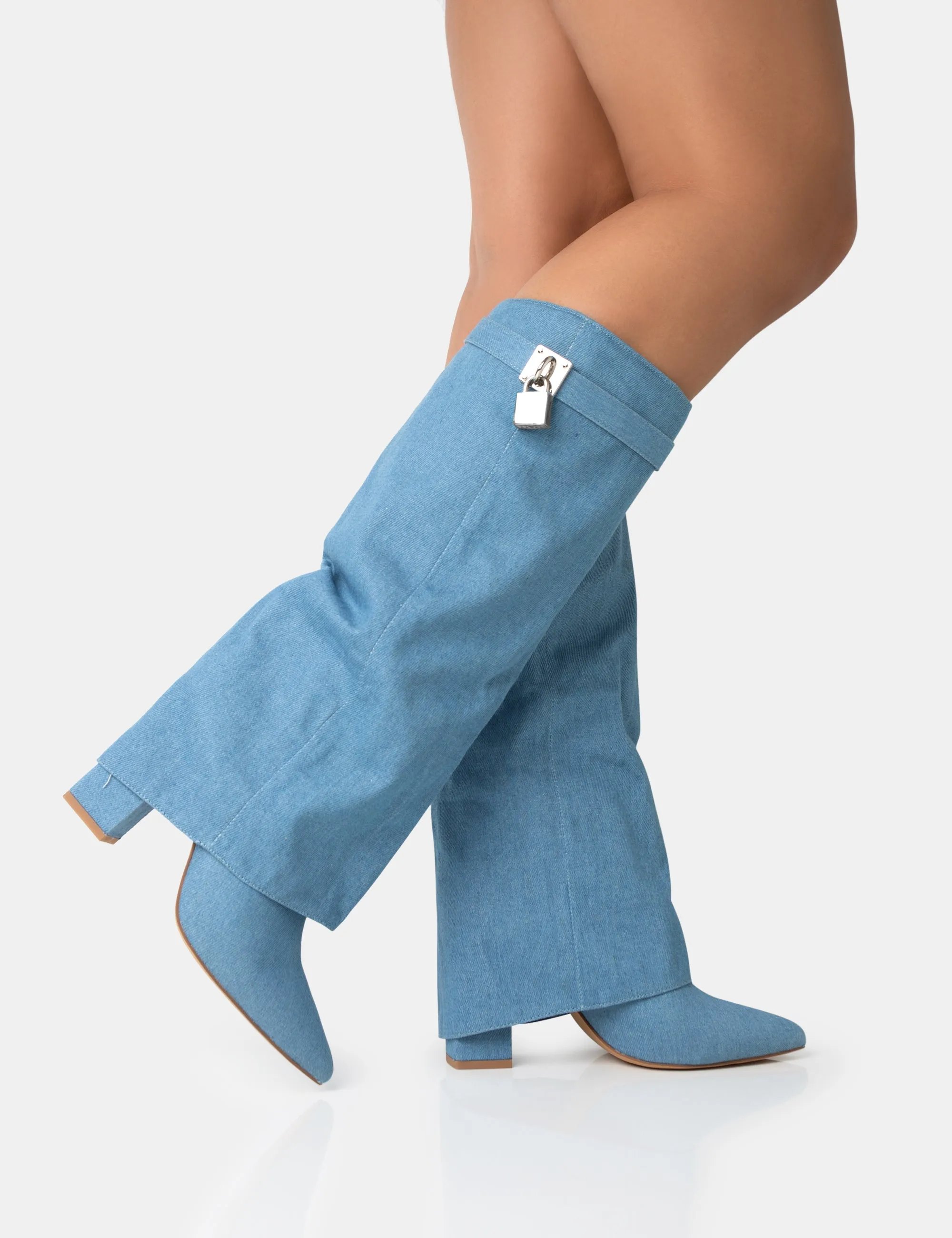 Echo Blue Denim Padlock Detail Fold Over Pointed Toe Knee High Boots sold by Public Desire product image thumbnail 2