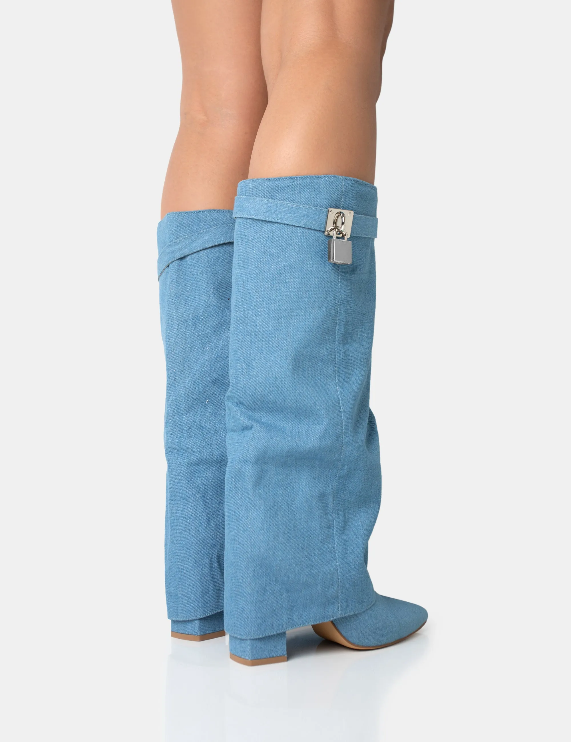 Echo Blue Denim Padlock Detail Fold Over Pointed Toe Knee High Boots sold by Public Desire product image thumbnail 5