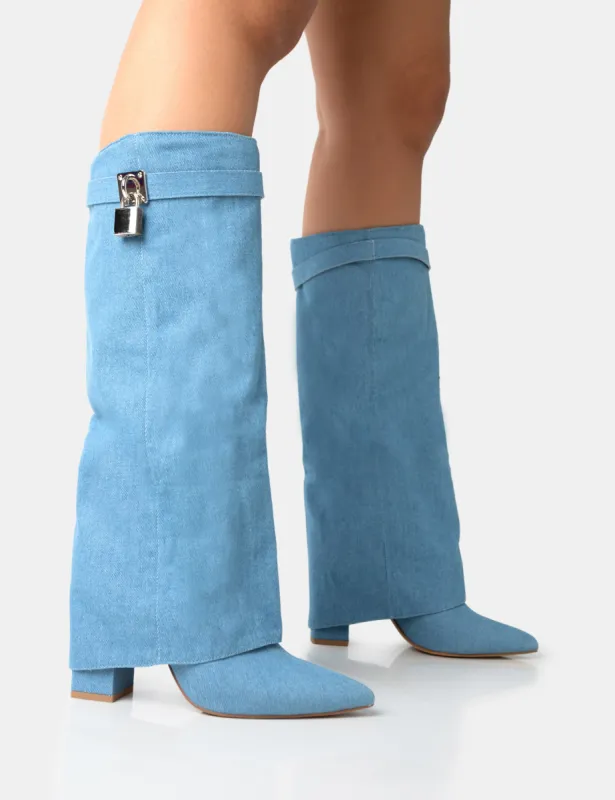 Echo Blue Denim Padlock Detail Fold Over Pointed Toe Knee High Boots sold by Public Desire