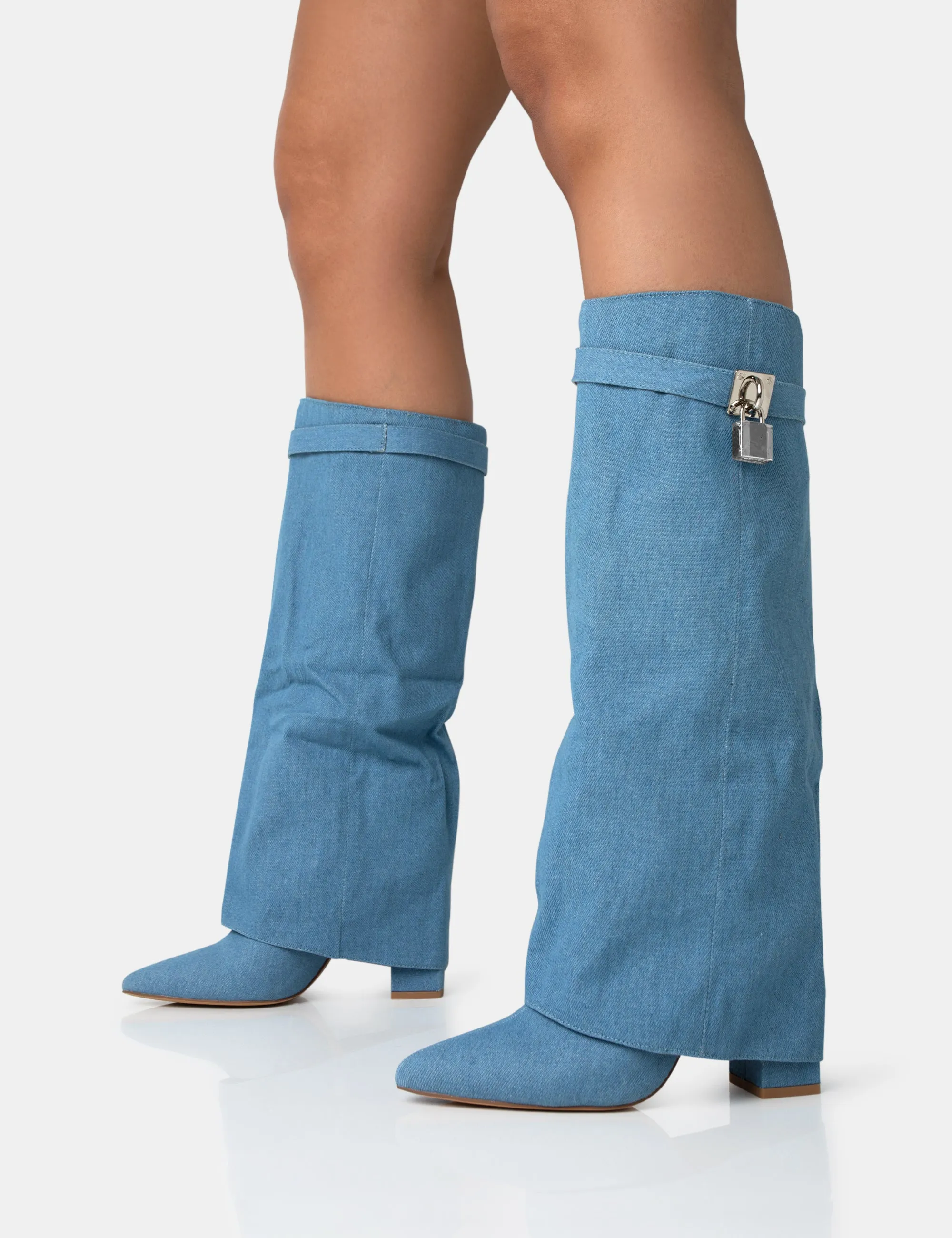 Echo Blue Denim Padlock Detail Fold Over Pointed Toe Knee High Boots sold by Public Desire product image thumbnail 3