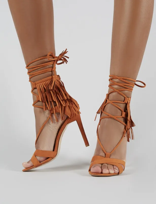 Montana Fringed Lace Up Heels in Tan Faux Suede sold by Public Desire