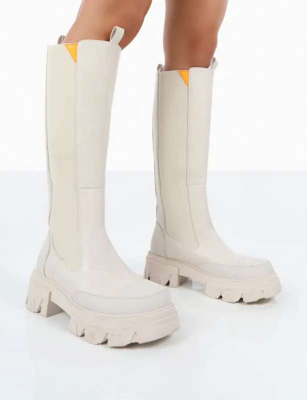 Kenza X Public Desire Survive White Pu Chunky Sole Orange Upper Knee High Boots sold by Public Desire