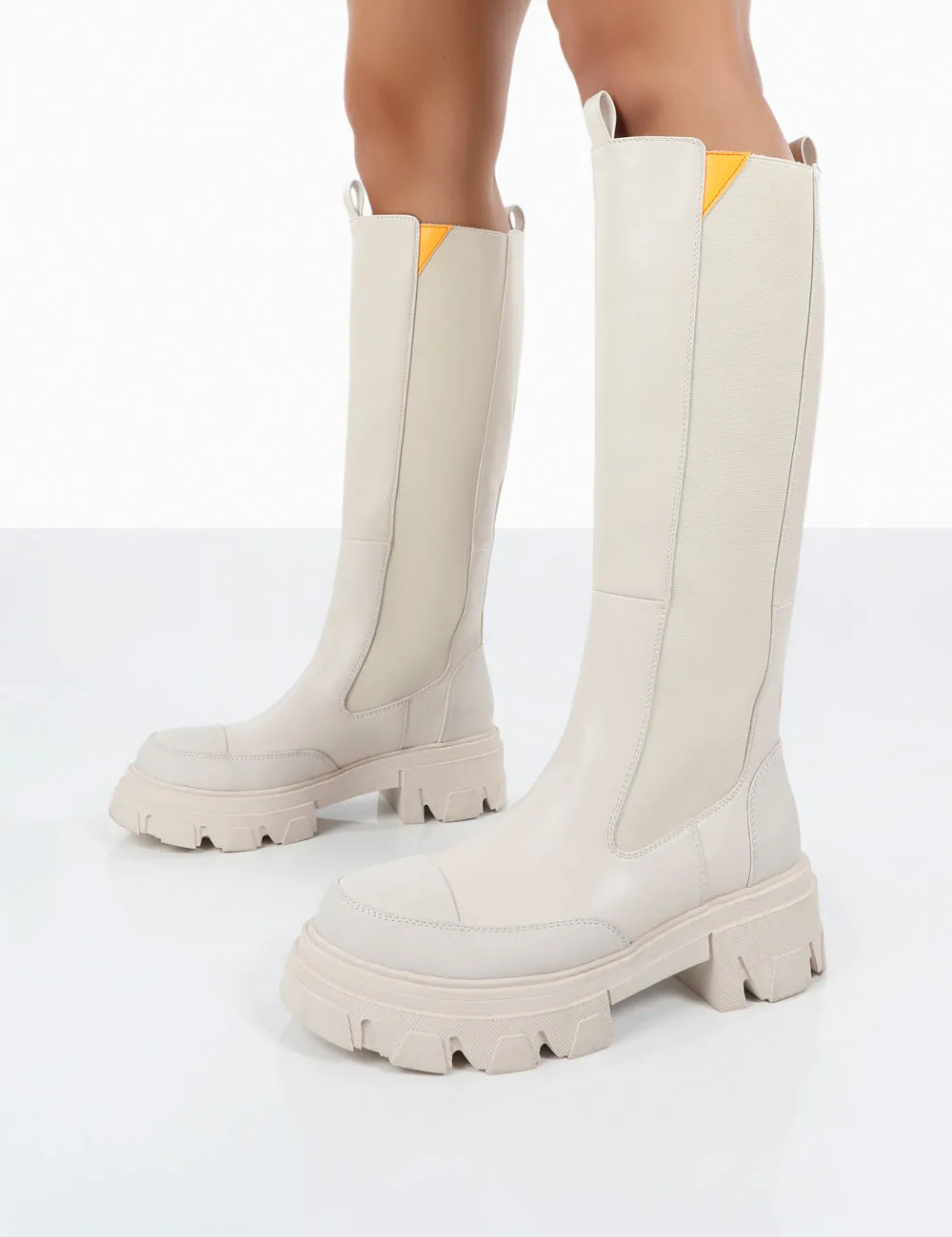 Kenza X Public Desire Survive White Pu Chunky Sole Orange Upper Knee High Boots sold by Public Desire product image thumbnail 4