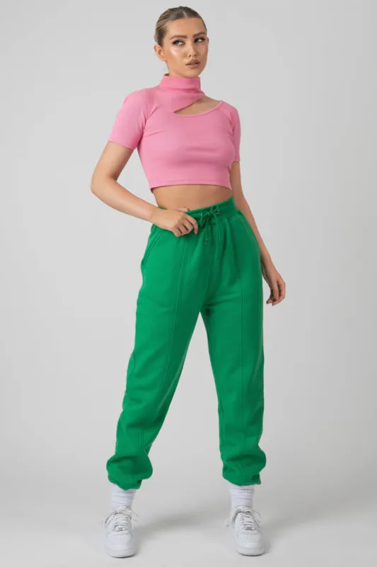 High Neck Ribbed Cut Out Cropped T Shirt Pink sold by Public Desire