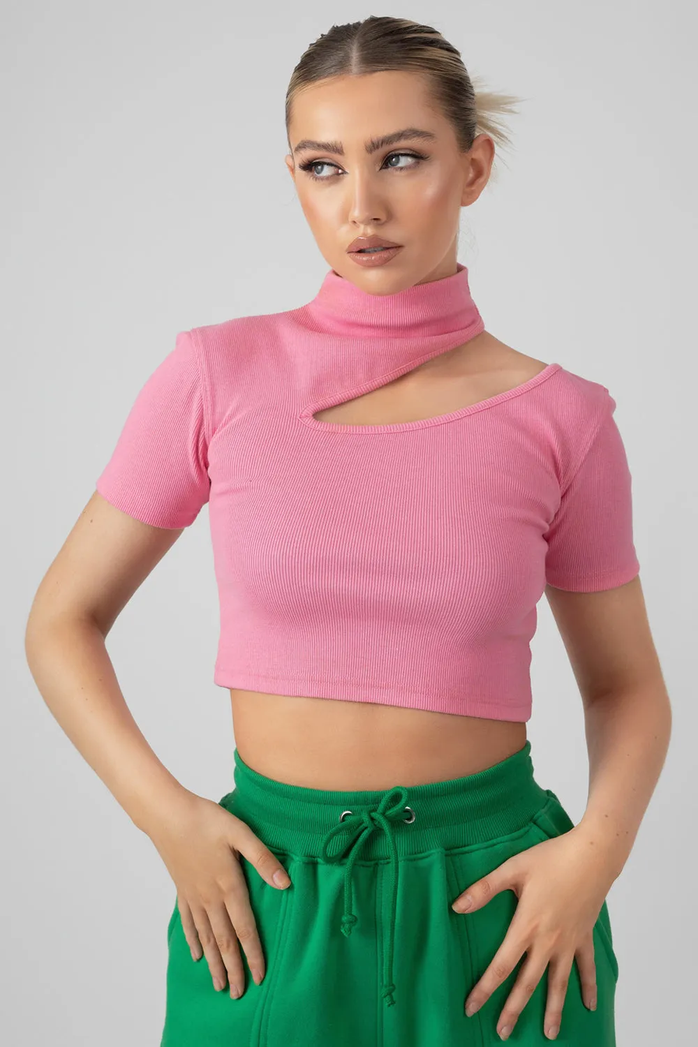 High Neck Ribbed Cut Out Cropped T Shirt Pink sold by Public Desire product image thumbnail 2