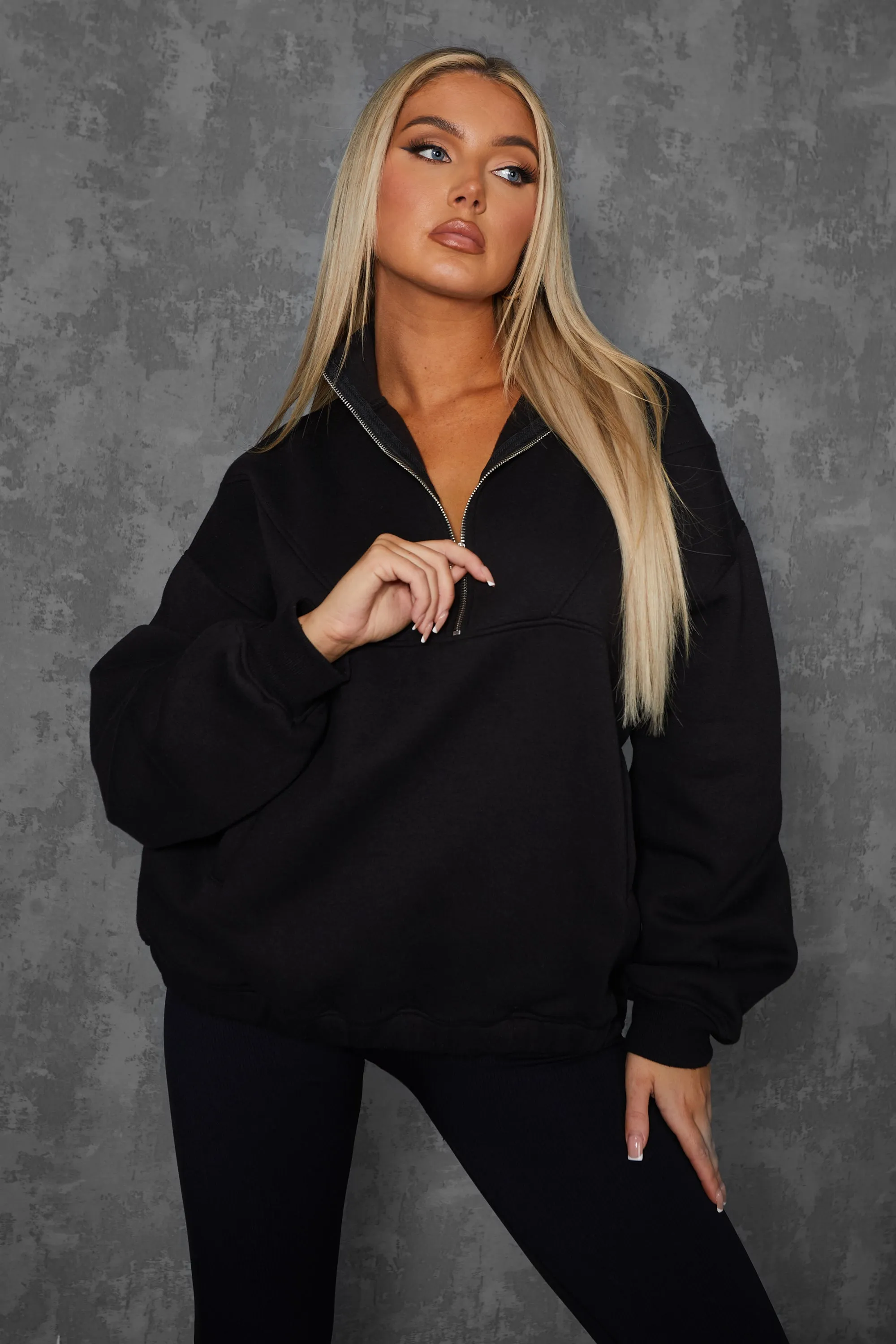 Oversized Half Zip Pullover Pocket Front Sweatshirt Black sold by Public Desire product image thumbnail 3