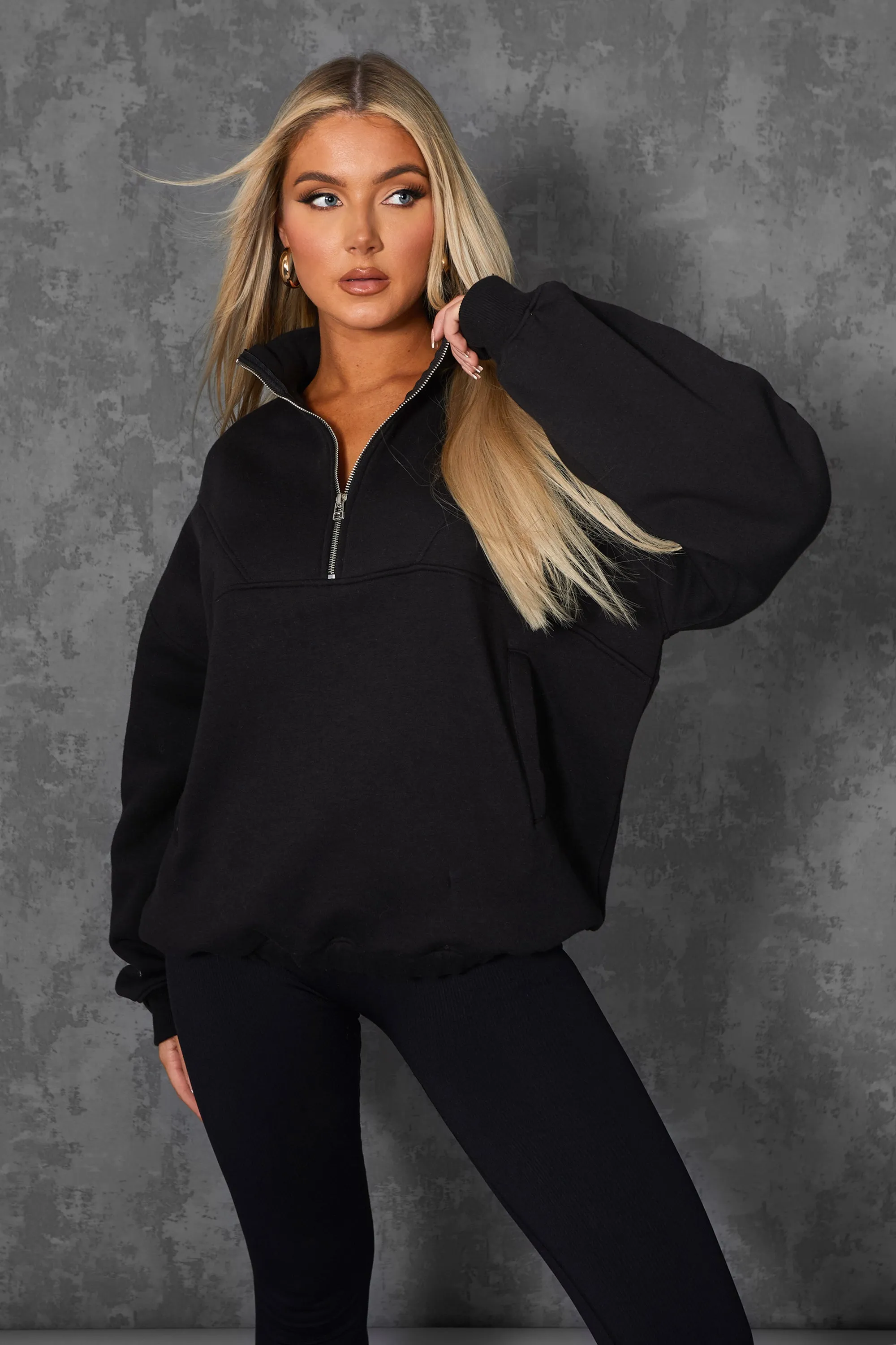 Oversized Half Zip Pullover Pocket Front Sweatshirt Black sold by Public Desire product image thumbnail 2