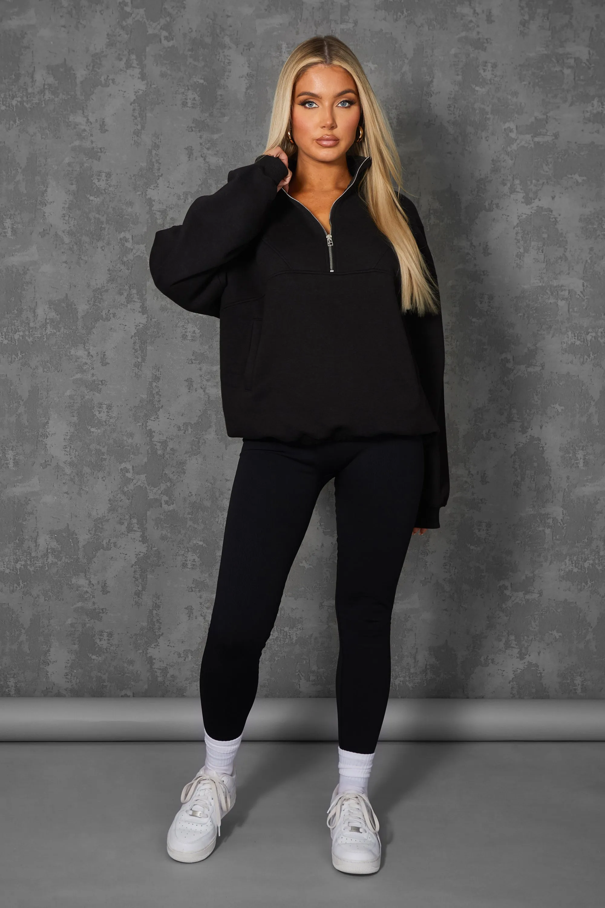 Oversized Half Zip Pullover Pocket Front Sweatshirt Black sold by Public Desire