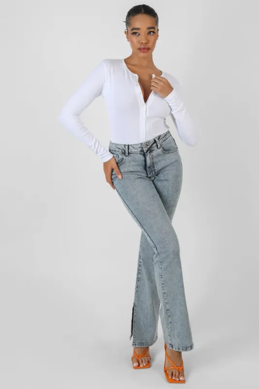 Front Button Long Sleeve Ribbed Bodysuit White sold by Public Desire