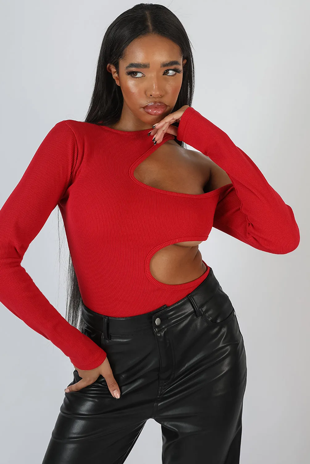 Cut Out Detail Ribbed Bodysuit Red sold by Public Desire product image thumbnail 2