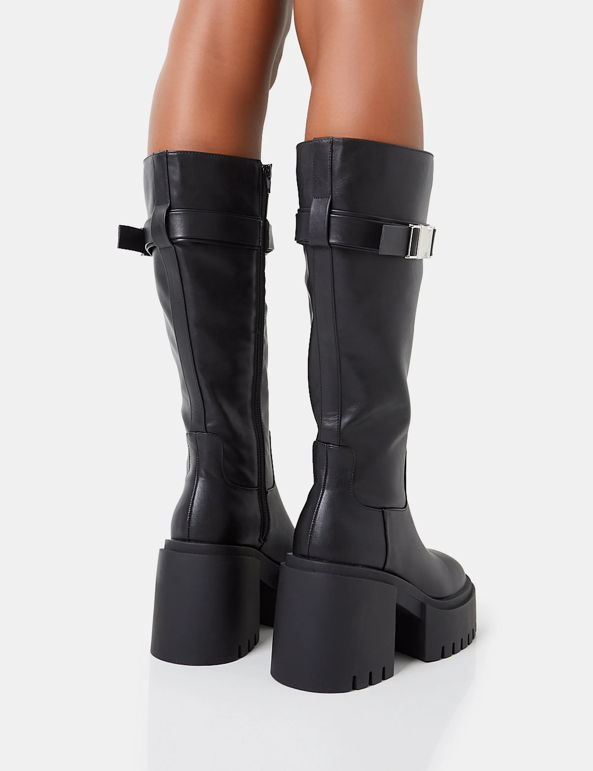 Alaska Black Calf Strap Buckle Knee High Chunky Sole Block Heel Boots sold by Public Desire product image thumbnail 4